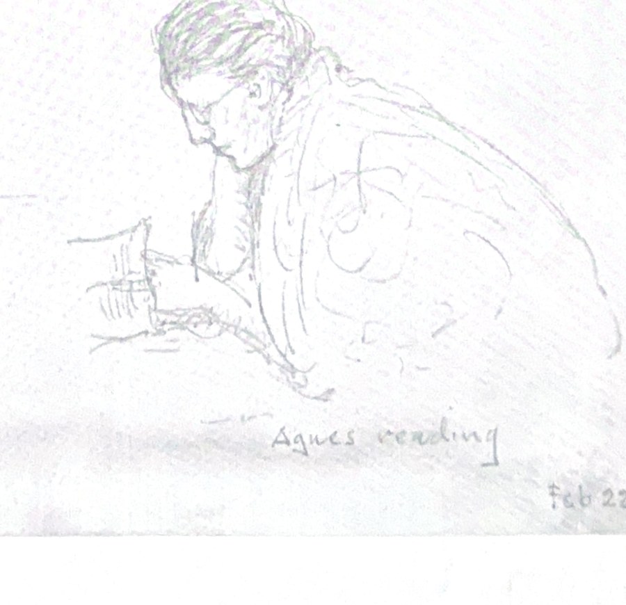 Pencil sketch by Edward J. Weber of his daughter Agnes reading, dated February 1932