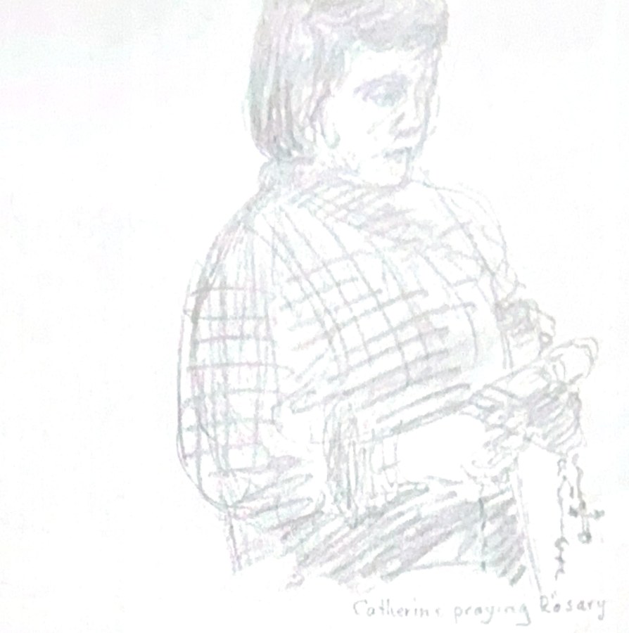 Pencil sketch by architect Edward J. Weber of his daughter Catherine praying the rosary, dated 1932