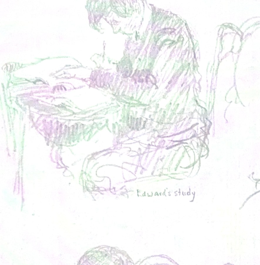 Pencil sketch by architect Edward J. Weber of his son Edward studying at a desk, dated 1932