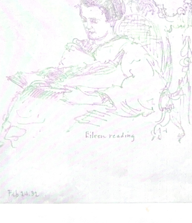 Pencil sketch by architect Edward J. Weber of his wife Eileen reading, dated 1932