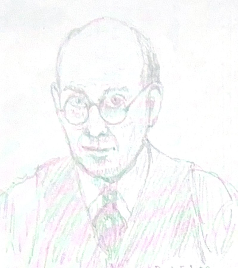 Pencil portrait by Edward J. Weber labeled 'Dad,' dated February 24, 1932 — an older man with glasses and a formal collar
