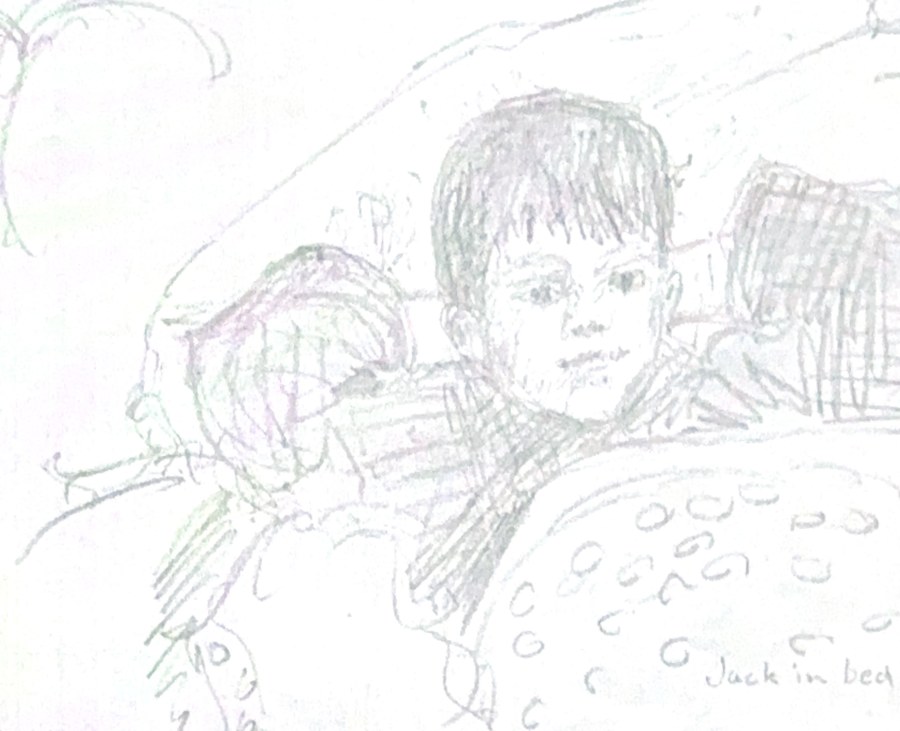 Pencil sketch by architect Edward J. Weber of his son Jack in bed, dated 1932