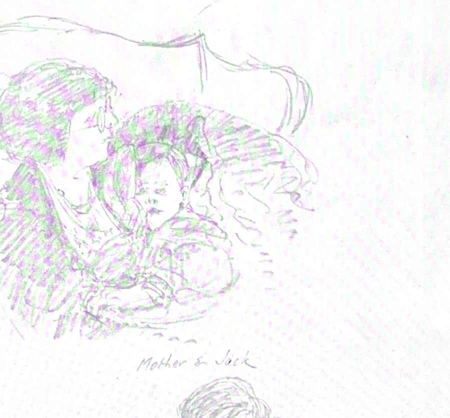 Pencil sketch by Edward J. Weber of his wife holding their son Jack, labeled 'Mother & Jack,' February 1932